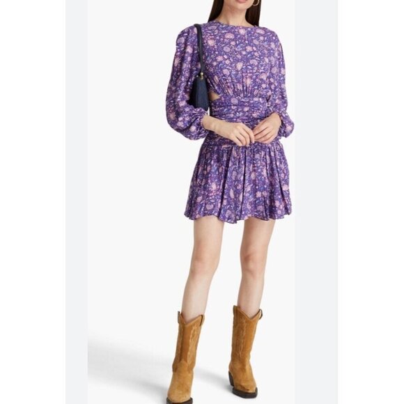Maje Floral Mini Dress Size 38 UK 10 $445 Purple Georgette Smocked Cut Out Boho - Picture 6 of 16